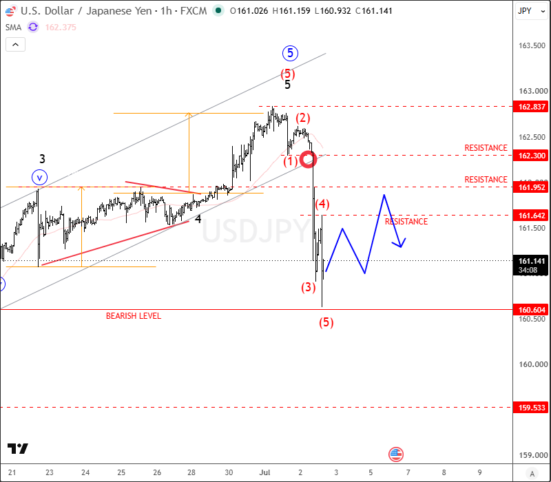 USDJPY: Reversal from 5th-Wave Target Zone USDJPY 1H Chart